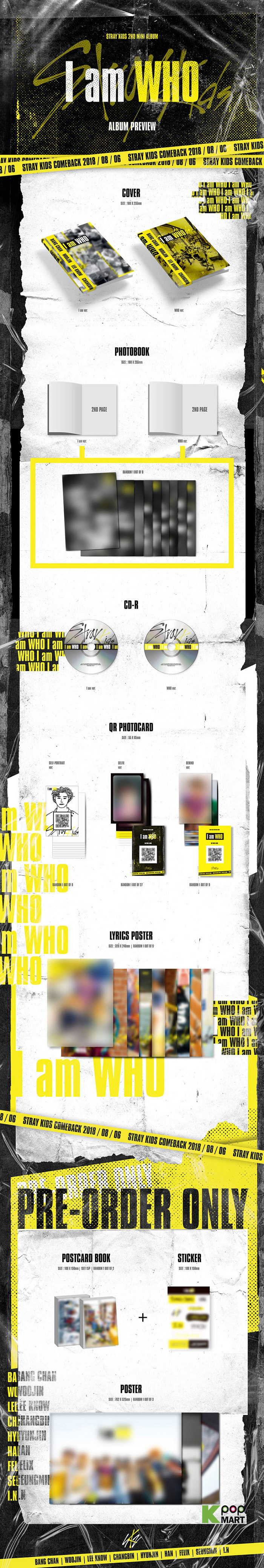 Who Version Stray Kids I am Who 2nd Mini Album CD+Photobook+3 QR Photocards+Lyrics Poster+ Extra 4 Photocards and 1 Double-Sided Photocard